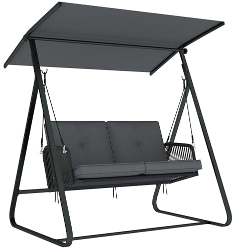 Outsunny Hollywoodschaukel Rattan 2-Sitzer Gartenschaukel mit Verstellbarem Sonnendach weichem Kissen A-Rahmen, Schaukelbank belastbar bis 240kg, für Garten Terrasse 150 x 128 x 168 cm Dunkelgrau