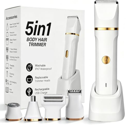 5-in-1 Lady Shavers for Women, Electric Razor for Women, 5 Heads (White) | Wet & Dry Use, IPX7 Waterproof, Bikini Trimmer, Nose Hair Trimmer, For Legs, Underarms and Body