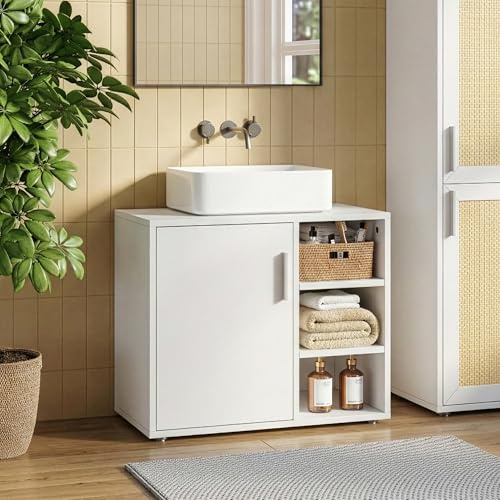 [en.casa] Waschbeckenunterschrank Kulaik Badezimmerschrank 51 x 60 x 32 cm Badschrank mit 1 Tür und 3 offenen Ablagefächern freistehend Waschtischunterschrank Weiß