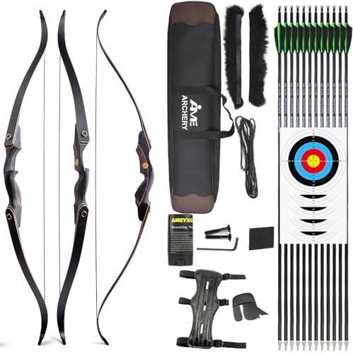 FQH Recurve-Bogen-Set 20–60 lbs für Rechtshänder | Zerlegbares Design, 6 Kohlepfeile, Epoxidharz-Arme, 28 Zoll Zuglänge, Pelzdämpfer, Bogenkoffer