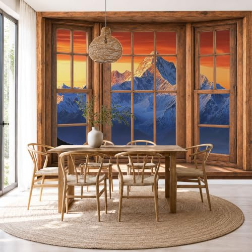 Carta Da Parati Fotomurale Xxl Vista Tramonto Finestra 200X140Cm, Poster Murale Fotografica 3D In Tessuto Non Tessuto Maestosa Montagna Innevata Nuvole Di Grande Per Tv Corridoio Soggiorno, Arancione