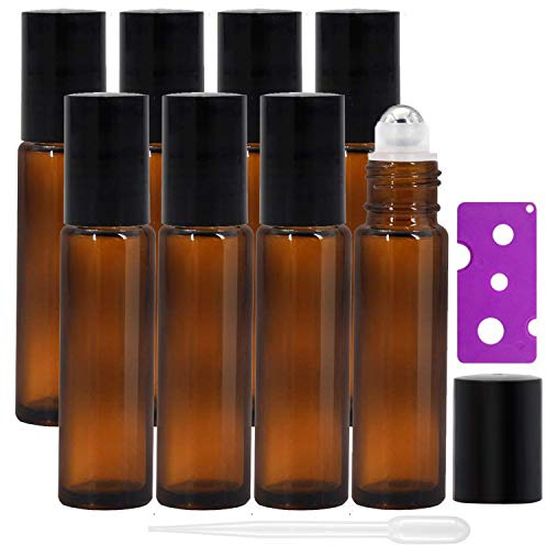 Alledomain 8Pcs 10ml Essential Oils Roller Bottles, Refillable Amber Glass Roll on Bottles with Stainless Steel Balls, Includes 12 Pcs Labels, 1 Dropper & Opener, Perfect for Aromatherapy