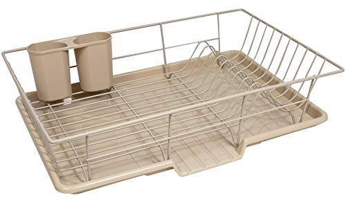 Sweet Home Collection Lot de 3 égouttoir à vaisselle avec planche à sécher et porte-ustensiles, en métal et plastique, beige