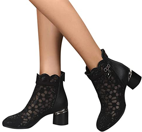 Minetom Damen Pumps Schuhe Elegant Spitze Blumen Blockabsatz rutschfest Mesh Strass Abend Party Braut Schuhe A Schwarz 42 EU