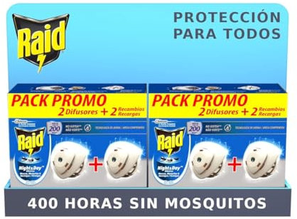 Raid ® Night & Day - Mega Pack Ahorro de 4 Aparatos electricos Anti Moscas y Mosquitos, Incluye 4 Difusores y 4 Recambios, El embalaje puede variar