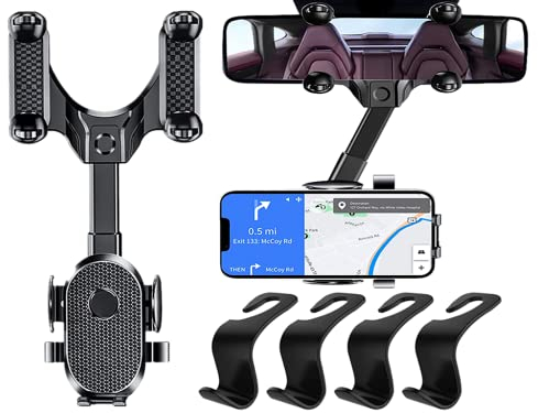 Anlising Porta Cellulare Specchietto Retrovisore, Supporto Girevole e Retrattile per Telefono da Auto, con 4PCS Ganci Portaoggetti, per Tutti i Telefoni Cellulari