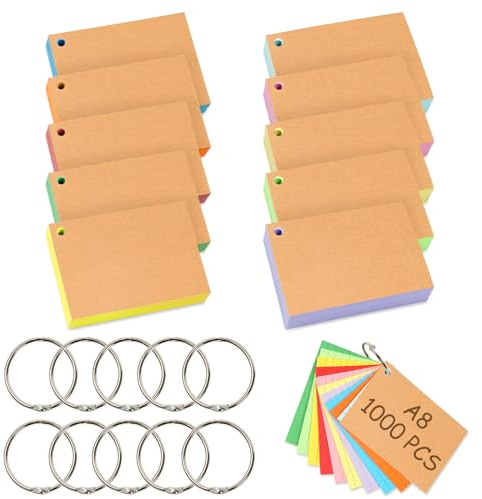Votoko 1000 Stk Karteikarten A8, Bunte Lernkarten Blanko Moderationskarten mit Binderinge, 7.4x5.1cm Vokabelkarten Liniert Flashcards, 10 Farben Notizkarten Index Cards für Büro Haus Schule Lernen