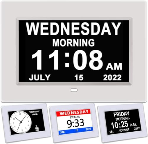 Yuanzeco Alarm Clock With Date & Calendar - 7 Digital Day Clock & Photo Frame - Auto Dimmable Display, 15 Alarm Options, Non-Abbreviated Day & Month (White)