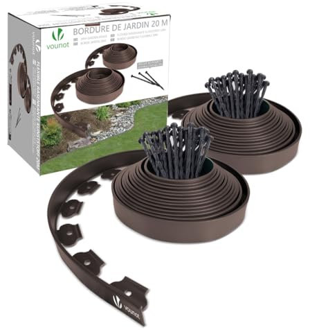 VOUNOT Plastic Lawn Edging Border with 60 Ground Anchors, 20m Flexible Garden Edging Strip for Grass, Paths, Gravel or Flower Beds, Weatherproof Landscape Border, 5cm High, Dark Brown