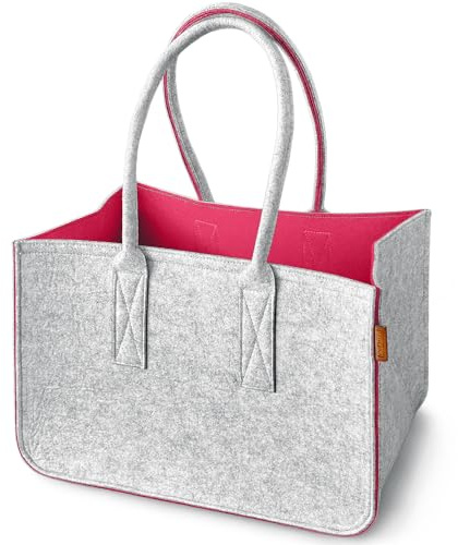 Miqio Borsa shopper di design in feltro, grande borsa per la spesa con manico e tasca interna, cestino per la spesa, borsa in feltro, cestino portaoggetti, grigio chiaro/rosa, xl
