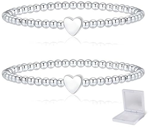 Laitejituan 2 Stück Edelstahl Armband Damen, Kugelarmband mit Herz Kugeln Armkette Armbänder, Freundschaftsarmbänder Silber Geburtstag Geschenke Schmuck für Frauen Mädchen Freundin