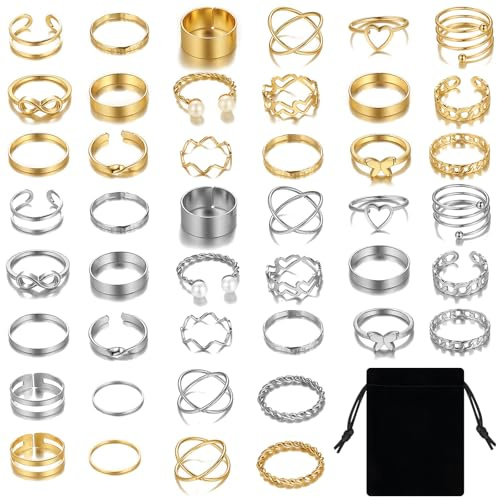 44 PCS Vintage Gold Knuckle Rings Set for Women - Snake Chain Stacking, Pearl Open, Chunky, Adjustable Rings for Girls