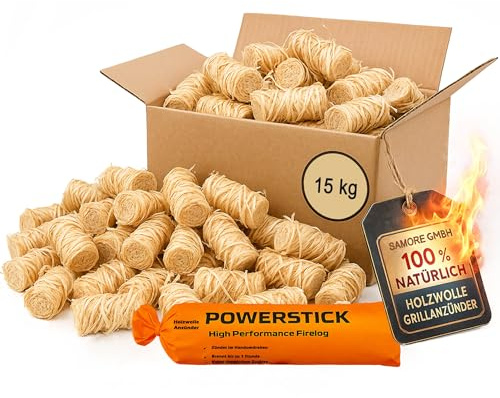 Bio-Kaminanzünder und Grillanzünder aus Holzwolle inkl XXL Powerstick, pflanzliches Wachs, Kohleanzünder | Wachsanzünder | Anzündwolle | Anzündhilfe ohne Rückstände (15,0 kg (ca. 1200 Anzünder))