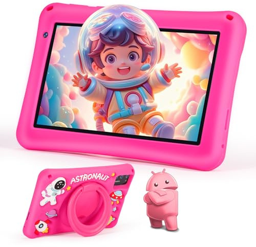 BRILLAR Tablette Enfants 7 Pouces,Android 13,8Go(4+4)+64Go,Octo-Core,Double Caméra,Contrôle Parental, Coque Antichoc (Rose)