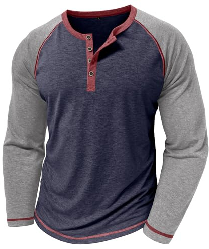 MakingDa Men’s Henley Shirts Long Sleeve Raglan Collarless T Shirt Slim Fit Buttons Color Block Grandad Shirt Casual Smart Tee Tops Navy Blue L