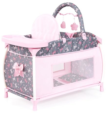 Bayer Design Puppenbett mit integriertem Hochstuhl, Esstablett, Mobile | mit Bettdecke und Kissen, für Puppen bis 46 cm, modernes Design, bestens für Rollenspiele geeignet