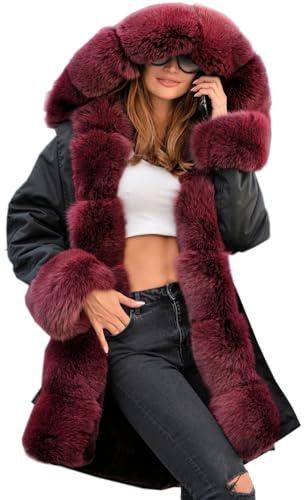 Aox Women Coats Ladies Red Fur Collar Winter Black Jacket Outdoor Warm Hooded Parka Ski Coat for Women UK (10, Red Faux Fur)