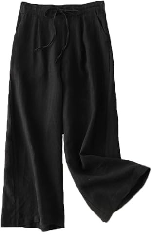 FTCayanz Donna Pantaloni Larghi Lino Vita Alta Pantaloni Gamba Larga Estivi con Coulisse Nero XXL