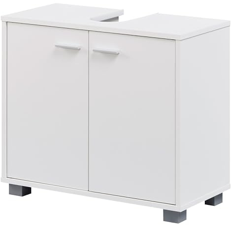 FineBuy Waschbeckenunterschrank 60x30x55 cm Weiß Matt mit 2 Türen | Waschtischunterschrank mit Siphonausschnitt, kratzfeste und wasserabweisende Oberfläche, Griffe in Alu Optik, Magnettüren