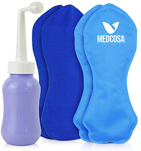 Medcosa - Kit posparto de compresas perineales de gel frío y 1 bote para asear la zona | Bolsas de frío reutilizables y bote con cabezal de spray recargable para el dolor del periné tras el parto