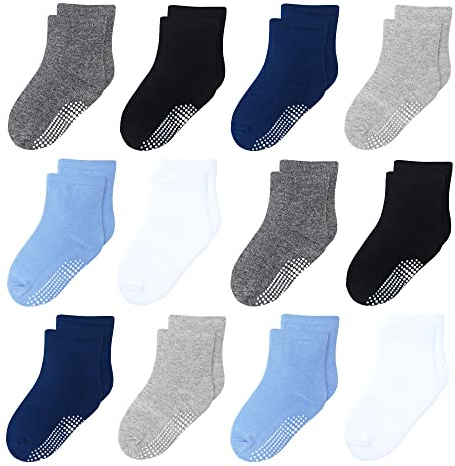 HYzgb Chaussettes pour tout-petits garçons 1 ans 2 ans 3 ans avec poignées antidérapantes 12 paires de chaussettes pour bébés garçons 12-24 mois Chaussettes en coton pour bébés enfants