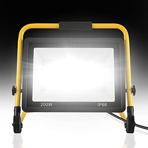 YRHome 200W LED Baustrahler Baustellen Arbeitsleuchte 16000LM Kaltweiß LED Strahler Austellenlampe Floodlight inkl. Standgestell &3m Netzkabel Flutlicht IP66 Wasserdicht für Garage Werkstatt