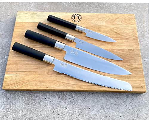 Kai Wasabi Black ultra-skarp knivset | Kockkniv 20 cm | skalkniv 10 cm | Brukskniv 15 cm | Brödkniv 23 cm+ 40x25 cm ekskiva, handgjord