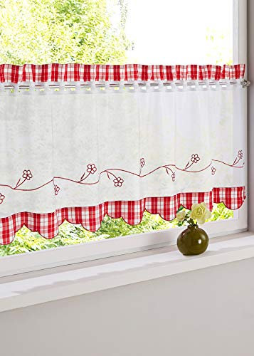 Devola Scheibengardine Landhausstil Karierte Flächenvorhang Blumenmuster Bestickte Bistrogardine Halbtransparente Kurzgardine Cafe Vorhang Küchengardine HxB 45x120cm Rot 1er Pack