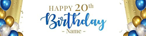 Happy Birthday Personalisiertes Banner mit Namen Age Option für Kinder Erwachsene Party Design Hintergrund Dekorationen Supplies (2,4 m x 1,2 m, Blau + Gold)