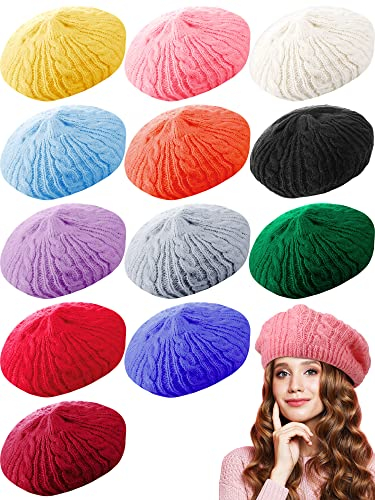 12 Stück gehäkelte Tam-Mütze für Frauen, gehäkelte Strickmütze, einfarbige Baskenmütze, Wintermütze, Einheitsgröße, lässige Mütze, Damen-Baskenmütze, für Frauen, Mädchen, Damen, Mehrfarbig