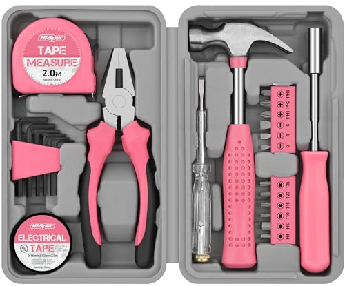 Hi-Spec Pink Small Tool Kit for Home DIY, Repairs & Crafts – 24pc Lady Tool Set with Mini Hammer, Pliers, Screwdriver Set, Hex Keys & Tape Measure in Compact Tool Box Case – Gift for Women