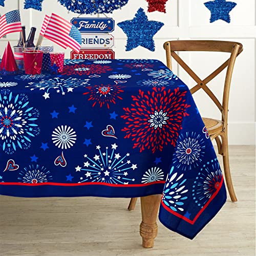 Bkyedsa 4th of July Tablecloth Patriotic Decorations Red White and Blue Print Fireworks Memorial Day Backed Table Cloth American Flag Indoor/Outdoor/Pool/Party (Oblong/Rectangle 60 × 120)