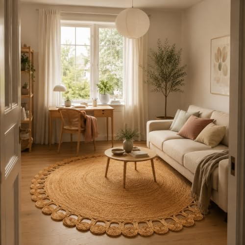 Jute Salsa Natur Boho Beige Rund – Handgefertigter Naturfaser Teppich
