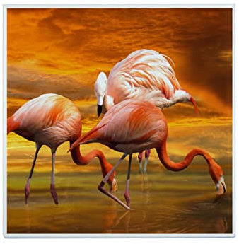 Fabulous Carreau Céramique Décoratif 15,2 x 15,2 cm - Groupe de Flamants Roses Peche Devant Coucher de Soleil