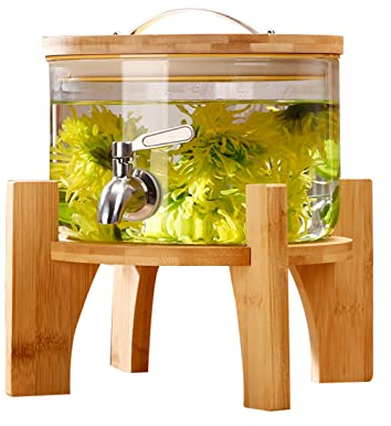 LTLWSH Dispensador de Bebidas de Cristal, Botella con Grifo Soporte y Tapa de Madera para Bebida Caliente o fría, Garrafa de Agua de 3 L,D