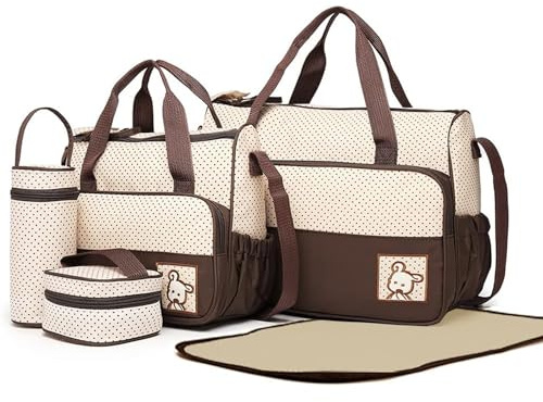 WOWEI 5er-Set Baby Wickeltasche Rucksack mit Multifunktions Babytasche Mama Wickelrucksäcke Baby Wickelumhängetaschen Handtasche Flaschenhalter mit Wickelunterlage für Reise (Braun)
