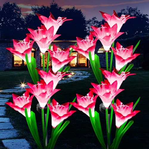 Luci Solari da Giardino all'aperto, 4 pezzi di luci solari a LED forma di giglio, 7 colori variabili, per Giardino, Cortile, Sentiero, Patio Decor - Rosa