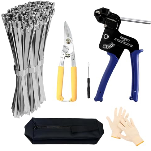 Heavy Steel Cable Tie Tool：Stainless Steel Zip Tie Gun, Metal Tie Wrap Gun Kit, Duty Outdoor Adjustable Fastening Cutting Tie Tool Sets with 100pcs Self-Locking Metal Steel Zip Ties CHUSHUYI