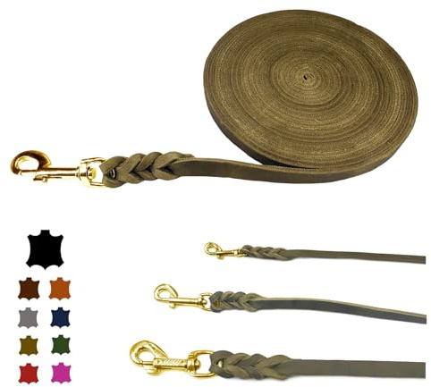 Hundeleine Fettleder/Schleppleine Leder Messing/Lederleine kleine Hunde & große Hunde / 2m / 3m / 5m / 10m / 15m /20m (Olive OHNE Handschlaufe, 3m / 8mm)
