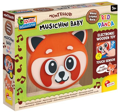 Lisciani - Montessori Baby Wood - Musik: Roter Panda - Interaktives Musikspielzeug aus Holz für Babys ab 9 Monaten -Musikalisch und leuchtend -Elektronisches Spielzeug -Fördert sensorische Entdeckung