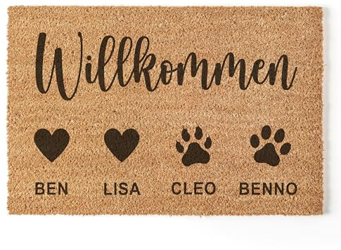 DEL MÀ Unique & Personal Fußmatte personalisiert Hund lustige Fussmatte aus Kokosfasern für innen Hundegeschenk Geschenk Hundehalter Schutzfangmatte Fußabtreter 60x40 cm (Willkommen Pfoten)