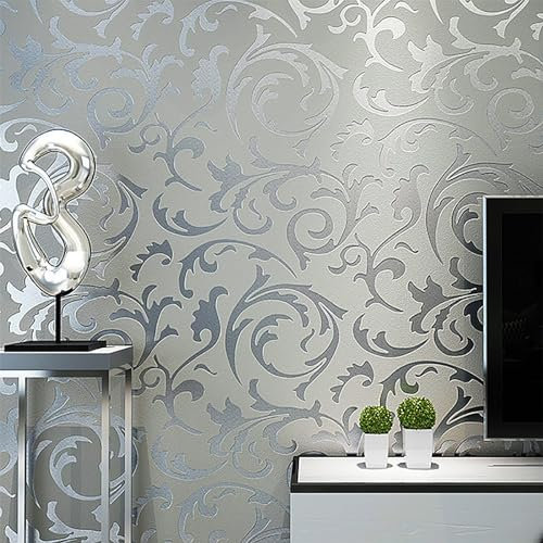 Trafagala 21inches x 33feet 3D Embossed Silver Grey and Sage Green Wallpaper Glitter Under The Light Retro Damask Leaf Textured Wallpaper Baroque Ornament Wall for Livingroom Bedroom Hallway