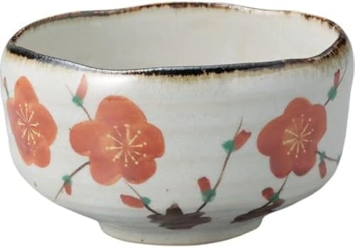 Cuenco japonés Mino Ware Matcha de 5.28 pulgadas de diámetro, taza de té para ceremonia de té, cerámica, ciruela roja de Japón TRA2722