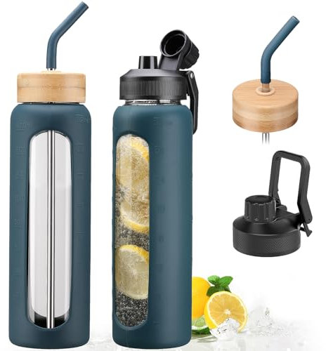NOLOGLAZIC 32oz Glass Water Bottle with Straw and 2 Lids- Bamboo and Spout Lid,Motivational Sports Water Bottle with Silicone Sleeve and Time Marker,Reusable for Gym, Outdoors,Dark Blue