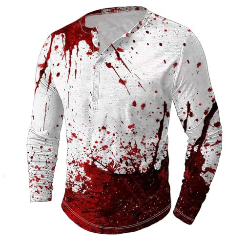 Die Discounter Halloween Kostüm Herren Horror Langarm Hemd Blutig Handabdruck Tshirt Große Größen T-Shirt für Männer Gruselig Knopfleiste Pullover Maskerade Langarmshirt Oberteile Cosplay