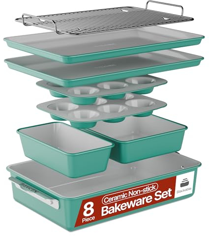 Bakken 8-Piece Stackable Bakeware Set – Ceramic Non-Stick, Oven-Safe Baking Sheets & Pans, PTFE/PFOA/PFOS-Free, Ergonomic Handles, Includes Cooling Rack – Healthy, Non-Toxic Baking Essentials