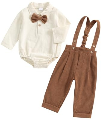 Geagodelia Tenue Gentleman Bébé Garçon de 2 Pièces, Body Chemise à Manches Longues + Pantalon à Bretelles, Ensemble Gentleman Baptême Mariage Cérémonie (0-24 mois) (Brun, 18-24 Months)