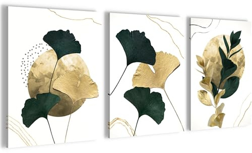 Novart Wandbilder Set Goldene Blätter - KOMPLETT AUFHÄNGFERTIG - Wohnzimmer Schlafzimmer Flur Deko - 3 Moderne Bilder Gelb Frün - N033135b