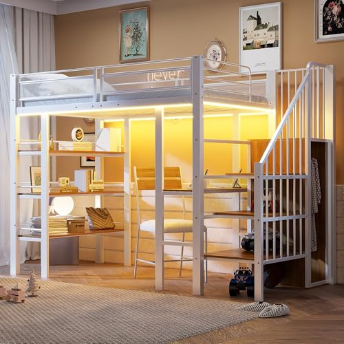 Zravenna 90x200 cm Hochbett Kinder mit Schreibtisch, Schrank und Dreilagiges Ablageregal, Rausfallschutz Kinderbett mit hohes Zaundesign, Treppe mit Ablagefach, Eisenbett, Weiß