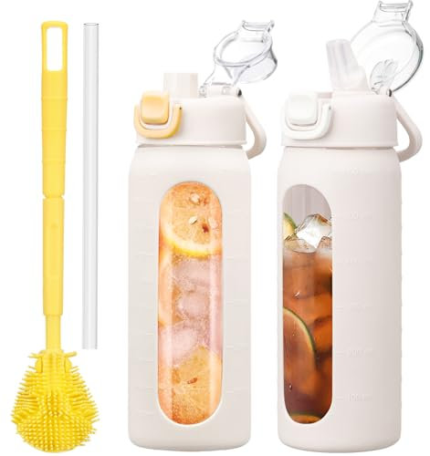 HYDRAGLAZIC 600ml Glass Water Bottle with Straw Reusable Water Bottle with Non-Slip Silicone Sleeve Wide Mouth Leak-Proof for Coffee, Tea and Water,BPA-free, Dishwasher Safe,White